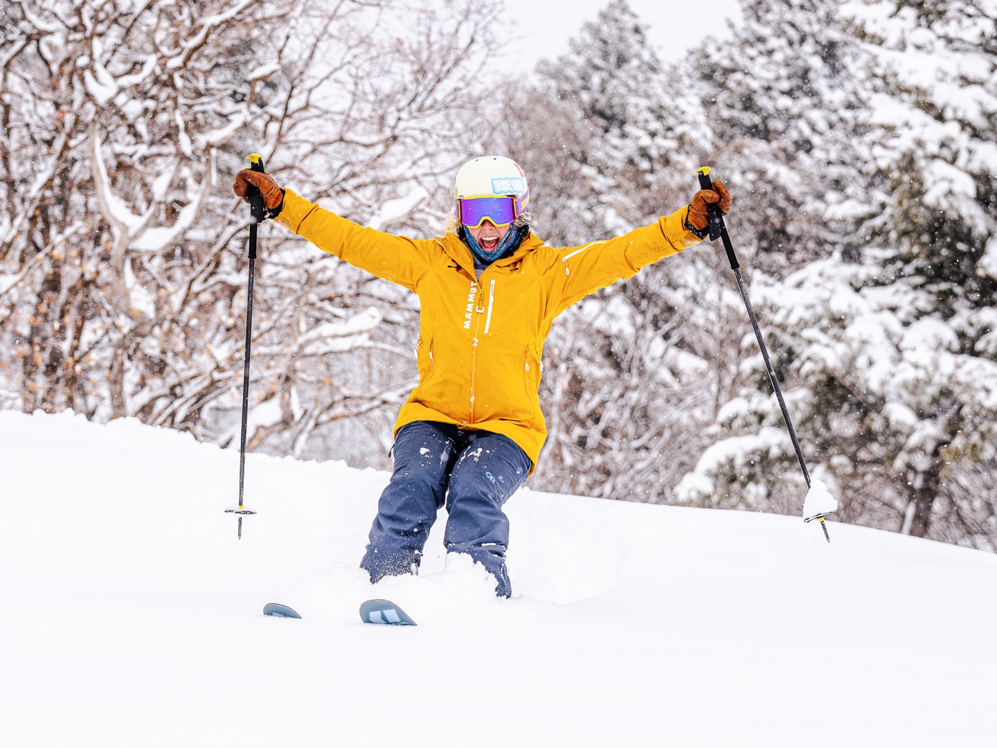 Nordic Valley Skier showing excitement for the Powder Day