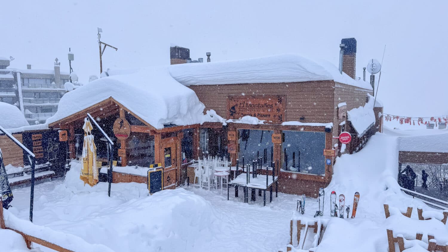 Deep snow seen on a roof at La Parva Ski Resort in Chile.